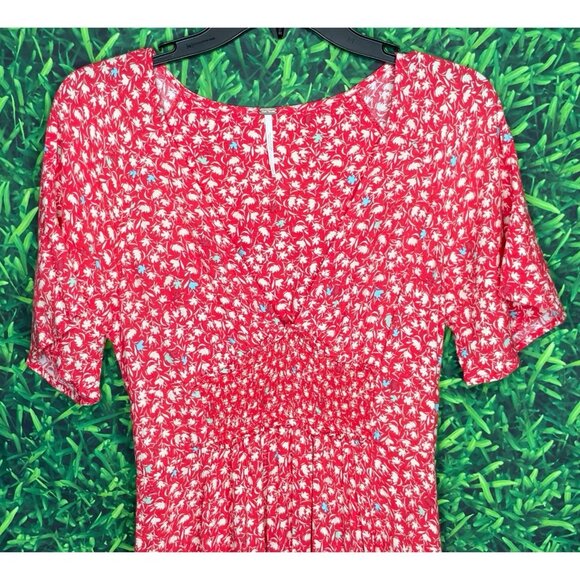 Free People Womens Red In Full Bloom Deep V-Neck Smocked Fit & Flare Midi Dress - Picture 3 of 6